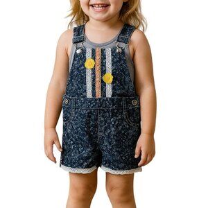 Little Lass Girls Floral Denim Shortalls With Lace Flower Appliques Size 3T